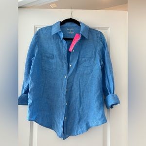 Lilly Pulitzer Sea View Linen Button Down Top. It is now $118 online.